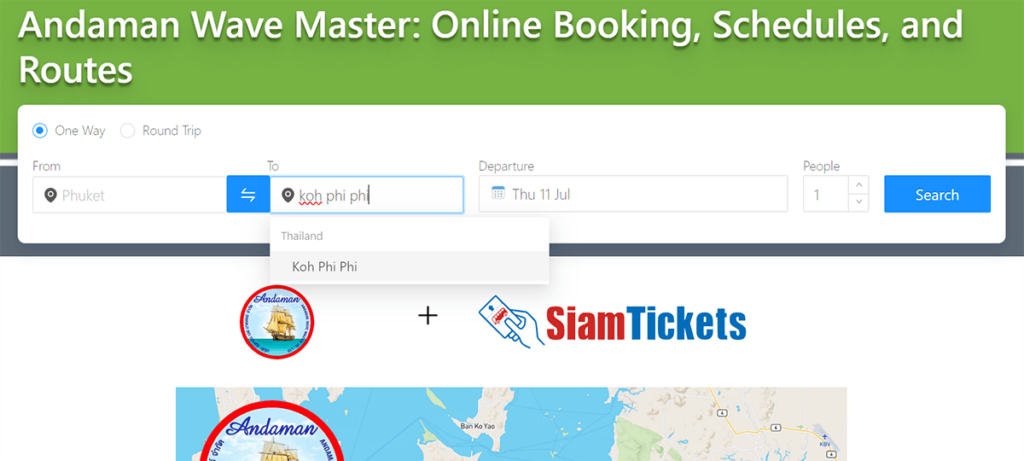 SiamTickets booking interface, showing search options for ferry routes.