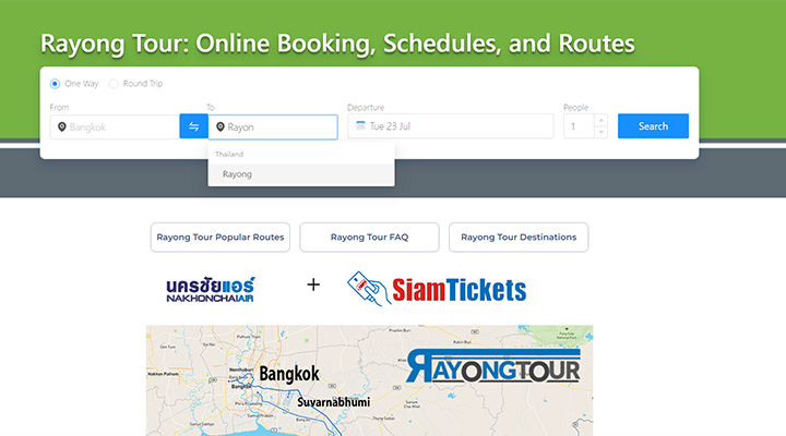 Rayong Tour booking interface and route map on SiamTickets website