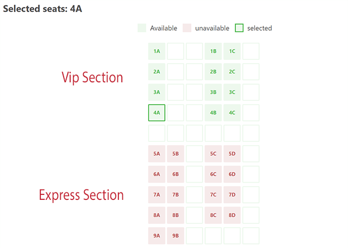 Bus seating chart showing VIP and Express sections with selected seat 4A