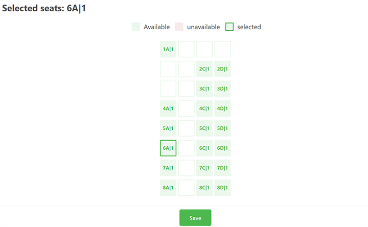 Seating chart for Rayong Tour minibuses showing available, unavailable, and selected seats