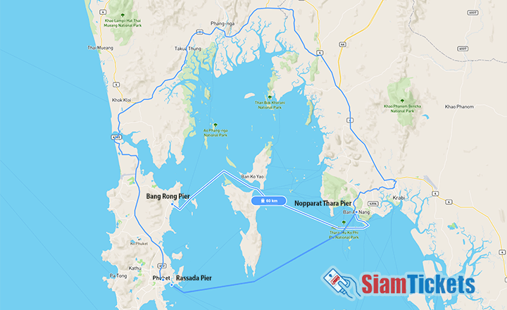 Map of ferry routes from Krabi to Phuket with SiamTickets logo