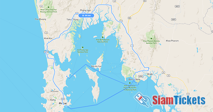 Map showing bus and ferry routes from Ao Nang to Phuket