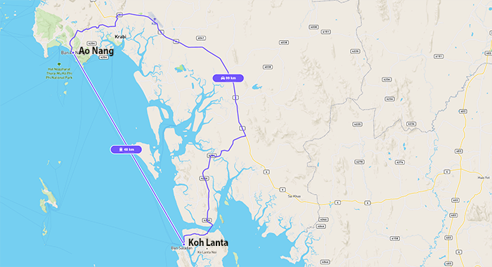 Map showing travel routes from Koh Lanta to Ao Nang - ferry and road options