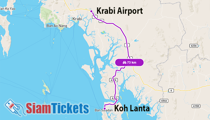 Map displaying the travel route from Krabi Airport to Koh Lanta with SiamTickets branding, showing a 73 km distance marked by a purple line.