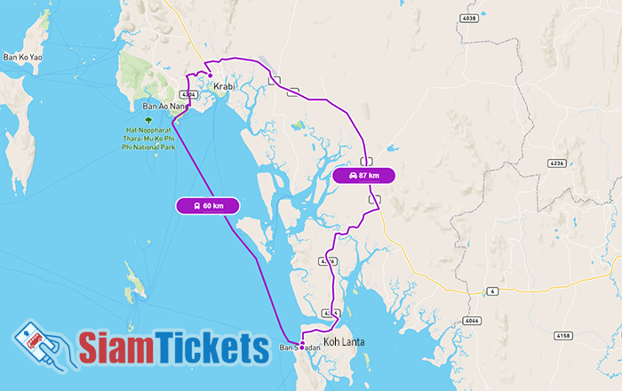 Map showing multiple travel routes between Krabi and Koh Lanta with distances of 60 km and 87 km, highlighted by purple lines, and SiamTickets branding.