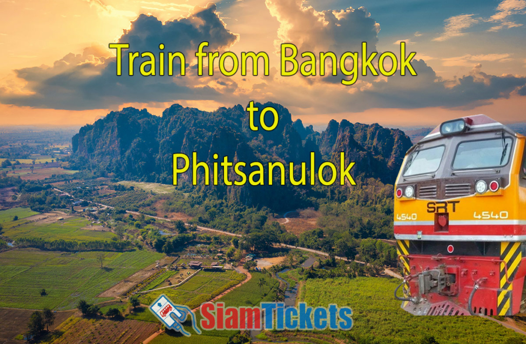 Train from Bangkok to Phitsanulok with an aerial view of limestone mountains and rice fields at sunset in Noen Maprang, Phitsanulok, Thailand.