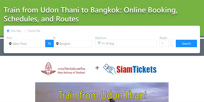 Booking a train from Udon Thani to Bangkok on SiamTickets website.