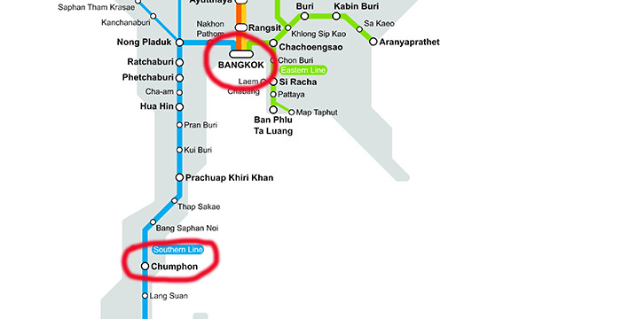 Train route map showing the Southern Line from Bangkok to Chumphon